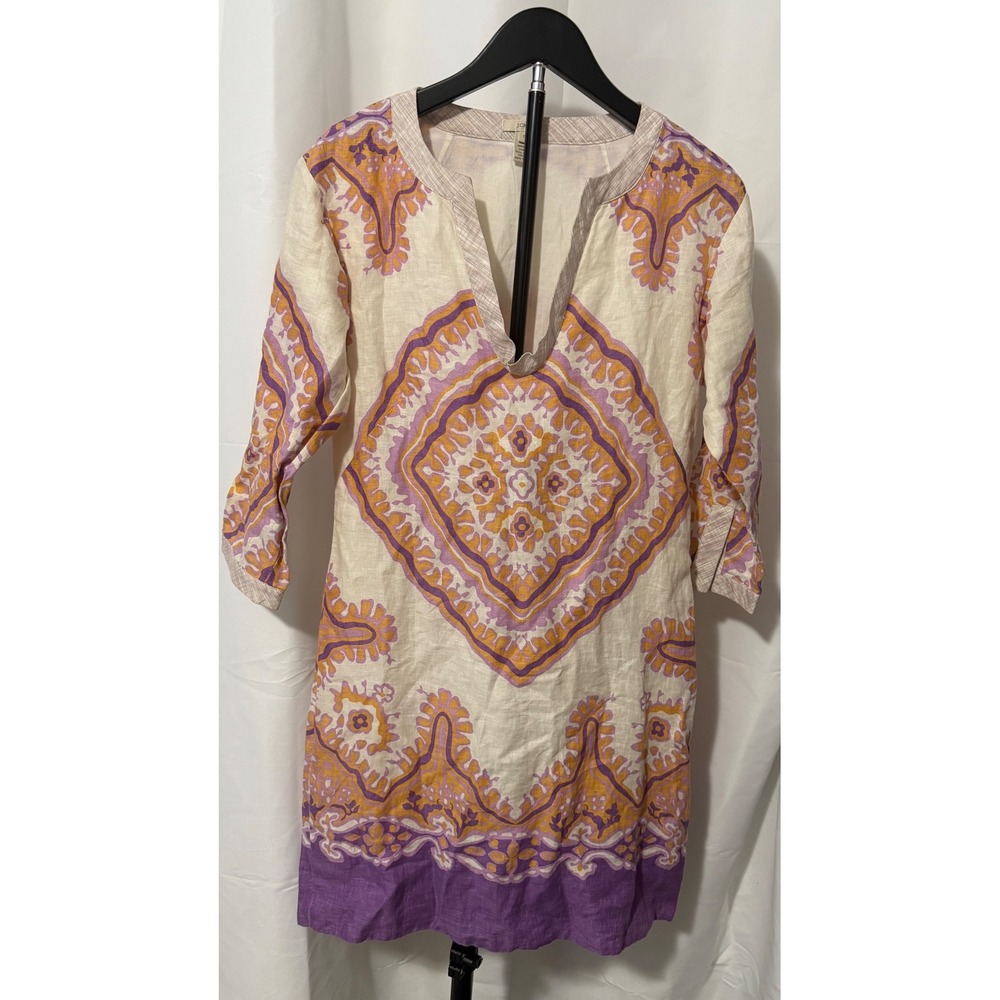 J.Crew Womens 0 Linen Medallion Print Tunic Dress Purple Orange 3/4 Sleeve Shift